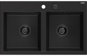 Mexen Hektor, 2-komorový granitový drez 800x480x205 mm, čierna, grafitový sifón, 6521802000-77-B