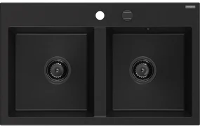 Mexen Hektor, 2-komorový granitový drez 800x480x205 mm, čierna, grafitový sifón, 6521802000-77-B