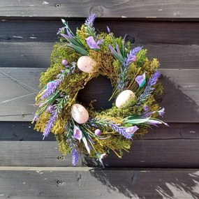 DECOLED Veľkonočný veniec, 25 x 25 x 8 cm, zelený veniec, fialové kvety