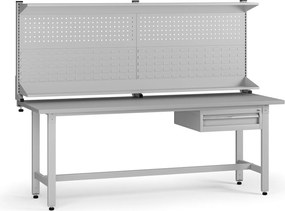 Výškovo nastaviteľný dielenský stôl G5 s nadstavbou, 2100 x 750 x 800-1000 mm, 1x kontajner, 1 zásuvka, sivá