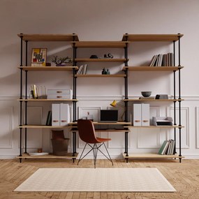 Regál s písacím stolom DECO s 15 policami a sivým príslušenstvom, 185x235x35/52,5 cm