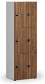 Drevená šatníková skrinka S4 s úložnými boxmi, 6 boxov, demont, RFID zámok, sivá/orech