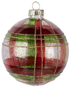 Červenozelená károvaná sklenená ozdoba gule - Ø 8*8 cm