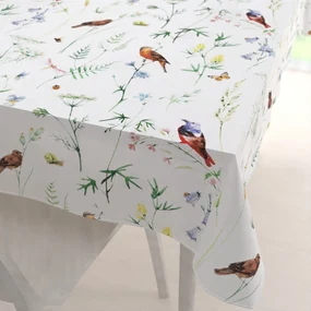 Biante Bavlnený obdĺžnikový obrus Sandra SA-392 Lúčne kvietky s vtáčikmi 140x180 cm