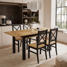 ROZKLÁDACÍ JEDÁLENSKÝ STÔL DANILO ČIERNY + DUB CRAFT ZLATÝ 140 / 195 cm + 4 STOLIČKY