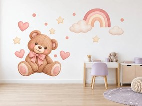 Medvedík s pastelovou dúhou textilné opakovane prilepiteľné nálepky na stenu do izbičky pre dievčatko arch 46 x 34 cm