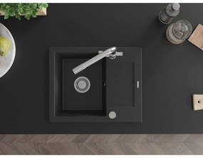 Mexen Enzo, granitový drez 576x465x174 mm, 1-komorový, chrómová batéria Duero, čierna - strieborná metalíza, 6506-73-671600-00