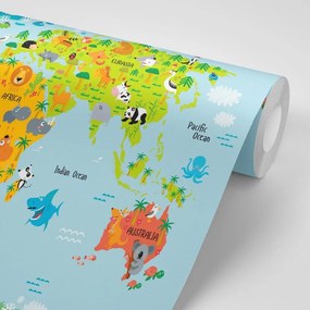 Samolepiaca tapeta detská mapa sveta so zvieratkami - 225x150