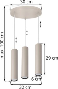 Závesné svietidlo Tuba, 3x béžové kovové tienidlo, o