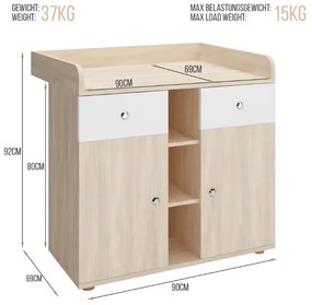Prebaľovacia komoda vo farebnom prevedení dub, 92 cm