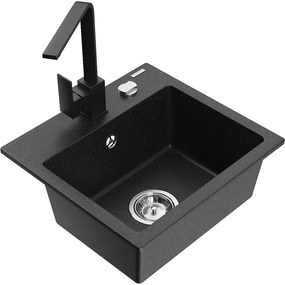 Mexen Milo, 1-komorový granitový drez 435x410x171 mm a čierna batéria Rita, čierna-strieborná metalíza, 6505-73-670300-70