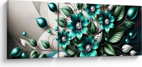 Obraz - 3D tyrkysové kvety (s hodinami) (90x30 cm)