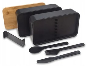 Svačinový box DUO LUNCH s príborom, čierny/bambus