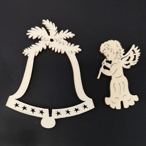 AMADEA Drevená ozdoba 3D zvonček - anjel s píšťalou 9 cm