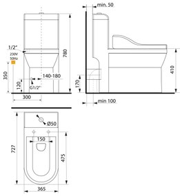 Sapho Sapho, HUBERT WC kombi, zadný/spodný odpad s elektronickým bidetom USPA LUX, UB-6635RU-2