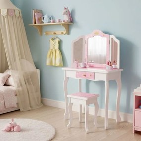 Detský kozmetický stolík s trojitým zrkadlom a taburetkou
