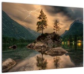 Sklenený obraz - jazero v horách (70x50 cm)