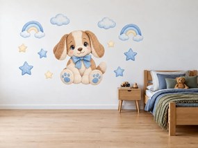 Plyšový psík s dúhou svetlomodré textilné nálepky na stenu do izby pre chlapcov arch 46 x 34 cm