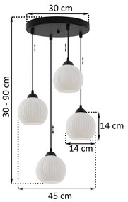 Závesné svietidlo Riffle Round, 4x biele sklenené tienidlo, b, o