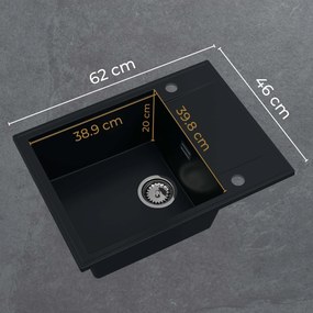Sink Quality Sink55, kuchynský granitový drez 620x460x215 mm + zlatý sifón, čierna so zlatými bodmi, SKQ-SINK.L.1KKO.XG