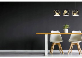 Závesné svietidlo Gold Flowers, 3x čierne textilné tienidlo s kvetinovým vzorom