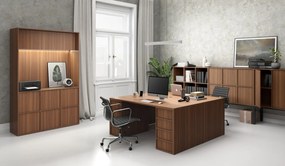 Kancelárska skriňa FRAME, nízka, biela podnož, 3x dvere, 1299 x 450 x 1331 mm, PUSH-lock, orech