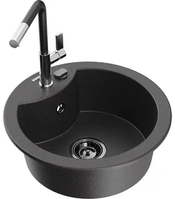 Mexen Diego, 1-komorový granitový drez 488x488x167 mm a drezová batéria Flora, čierna škvrnitá, 6512-76-670401-07-B