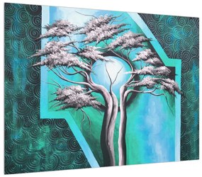 Orientálny modrý obraz stromu a slnka (70x50 cm)