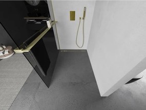 Mexen Kioto+, sprchová zástena Walk-In s poličkou a vešiakom 120 x 200 cm, 8mm šedé sklo, zlatý matný profil, 800-120-121-55-40