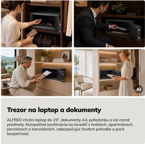 Hotelový trezor elektronický s kódovým zámkom, na notebook 15″ a dokumenty, 200 x420x370 mm: ALFRED