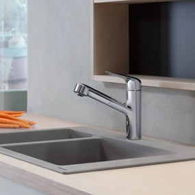 HANSGROHE Focus M42 páková drezová batéria s vyťažiteľným výtokom, 1jet, sBox, výška výtoku 150 mm, chróm, 71829000