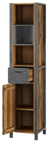 furniture-nabytek.cz - Masívna kúpeľňová vysoká skrinka Detroit z recyklovanej borovice a kovu, lakovaná, hnedá – 40×35×180 cm