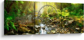 Obraz rieky v zelenom lese (s hodinami) (90x30 cm)