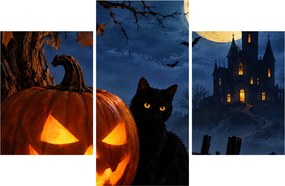 Obraz - Čierna mačka pri svietiacej tekvici na Halloween (90x60 cm)