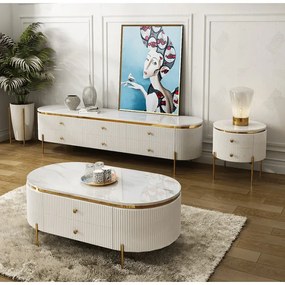 NOČNÝ STOLÍK GASTON BIELY + ZLATÉ NOHY + SYNTETICKÝ MRAMOR