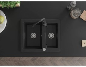 Mexen Carlos, granitový drez 582x475x177 mm, 1,5-komorový a čierna drezová batéria Telma, čierna, 6518-77-670200-70