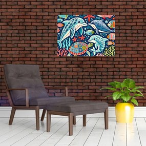 Sklenený obraz – Kreslené vodné zvieratká (70x50 cm)