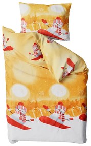 Bavlnené obliečky SNEHULÁK NA SNOWBOARDE žlté + obliečka na vankúšik 40 x 50 cm zadarmo