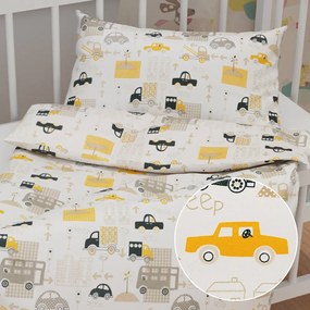 Biante Detské bavlnené posteľné obliečky do postieľky Sandra SA-672 Žlté a sivohnedé autá v meste na bielom Do postieľky 90x140 a 40x60 cm