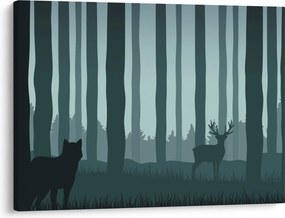 Obraz - Jeleň s vlkom v skalách (70x50 cm)