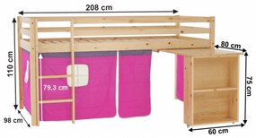 Kondela Posteľ s PC stolom, borovicové drevo/ružová, 90x200, ALZENA