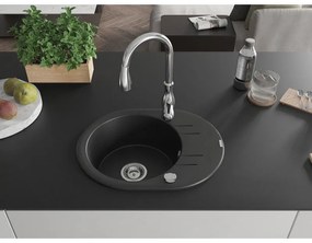 Mexen Kevin, granitový drez 586x458x190 mm, 1-komorový a drezová batéria Savita, čierna, 6517-77-672601-00