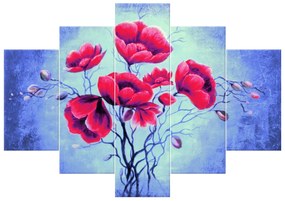 Gario Ručne maľovaný obraz Jemný červený mak - 5 dielny Rozmery: 100 x 70 cm