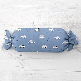 Biante Detský vankúš valec bonbon Sandra SA-589 Traktory a autíčka na modrom 15x40 cm