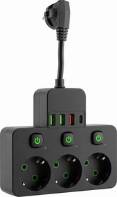 Toolight Toolight, JNH018, zásuvkový rozbočovač 3 zásuvky + 3× USB-A + USB-C s LED svetlom, čierna, OSW-56307