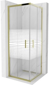 Mexen Rio, štvorcový sprchovací kút s posuvnými dverami 70(dvere) x 70(dvere) x 190 cm, 6mm číre sklo s pásikmi, zlatý profil, 860-070-070-50-20