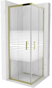 Mexen Rio, štvorcový sprchovací kút s posuvnými dverami 70(dvere) x 70(dvere) x 190 cm, 6mm číre sklo s pásikmi, zlatý profil, 860-070-070-50-20