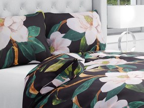 Biante Bavlnené posteľné obliečky Sandra SA-300 Kvety magnólie na čiernom Dvojlôžko francúzske 200x200 a 2ks 70x90 cm