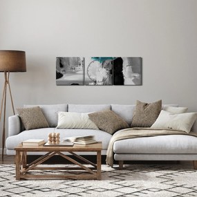 Obraz - Zamilovaný pár s dáždnikom, modrý (s hodinami) (90x30 cm)