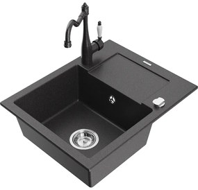 Mexen Enzo, granitový drez 576x465x174 mm, 1-komorový a drezová batéria Carla, čierna škvrnitá, 6506-76-670700-76